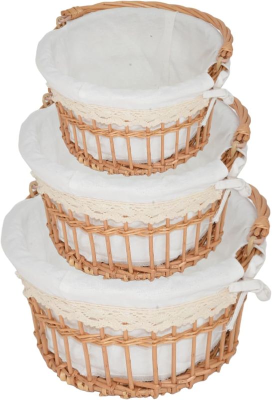 Photo 1 of 3 Packs Wicker Woven Baskets, Round Multipurpose Natural Willow Basket with Handle Premium Cotton Cloth Lining for Gift Baskets, Picnics, Easter Eggs and More(Natural)
