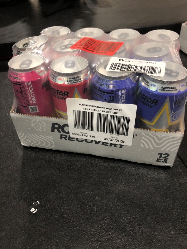 Photo 1 of Rockstar Recovery Non-Carbonated Energy Drink, 3 Flavor Variety Pack (Raspberry Lemonade, Berryade, Strawberry Lemonade), 16 Fl Oz Cans (12 Pack), 160mg Caffeine, B Vitamins, Electrolytes