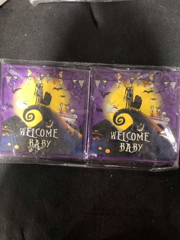 Photo 1 of 48Pcs Welcome Little Nightmare Baby Shower Paper Napkins Nightmare Before Christmas Party Supplies Nightmare Before Christmas Baby Shower Decorations for Nightmare Baby Shower Party Supplies