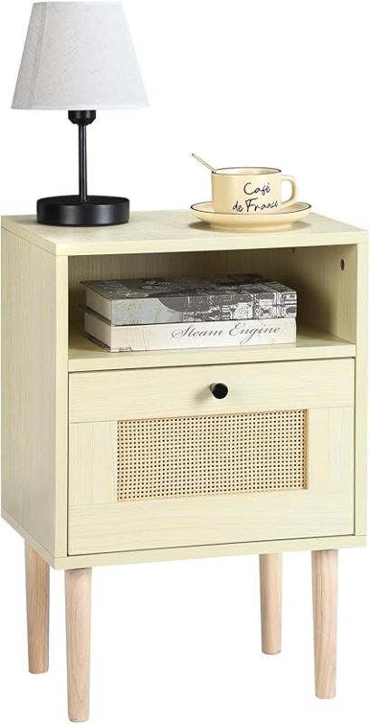 Photo 1 of MOOACE Nightstand, Mid-Century Modern Bedside Table with Rattan Decor Drawer, Accent End Table with Storage Shelf & Solid Wood Feet, Bed Side Table for Bedroom, Living Room and Small Space, Natural