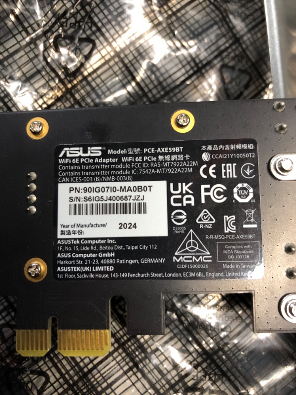 Photo 2 of ASUS PCE-AXE59BT WiFi6 6E AX5400 PCI-E Adapter with 2 External Antennas and magnetized Base. Supporting 6GHz Band, 160MHz, Bluetooth 5.2, WPA3 Network Security, OFDMA and MU-MIMO