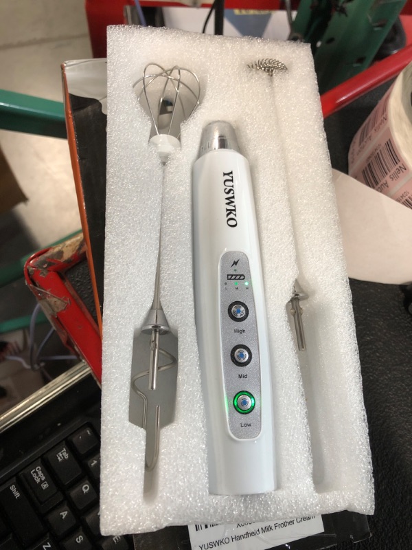 Photo 1 of ***NON REFUNDABLE, PARTS ONLY***YUSWKO White Handheld Milk Frother Wand for Coffee, Rechargeable Electric Whisk with 3 Heads 3 Speeds Drink Mixer Coffee Frother For Latte, Cappuccino, Hot Chocolate, Egg