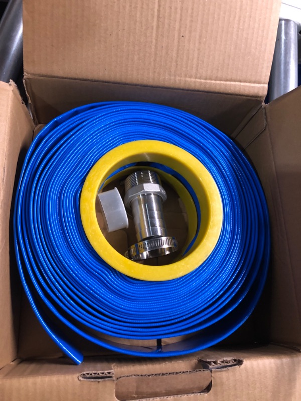 Photo 2 of Acquaer 1-1/2" x 50 FT Pool Backwash Hose, Heavy Duty Reinforced PVC Lay Flat Discharge Hose, Weather and Burst Resistant, with 2 Hose Clamps and a Connector for Inground Swimming Pool Pump Draining