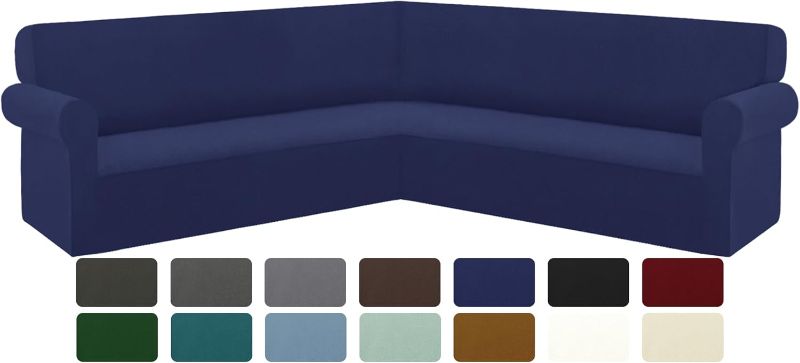 Photo 1 of ALIECOM Velvet Corner Sectional Couch Covers L Shape Sofa Cover for Living Room Stretch Soft U Shaped Sofa Slipcover Non Slip Pets Dogs Furniture Protector with Elastic Bottom (Navy Blue,Small)