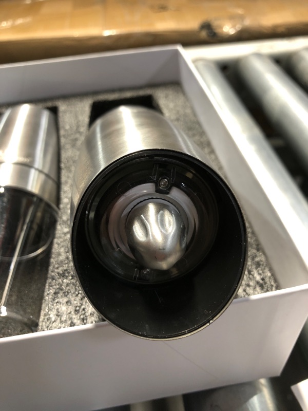 Photo 1 of **ONE GRINDER IS MISSING PLASTIC COVER PIECE ON END** Urban Noon Gravity Salt and Pepper Grinder Set - Battery Operated Stainless Steel Mills with Light (2 Grinders) - Automatic One Handed Operation - Electric Adjustable Shakers - Ceramic Grinders