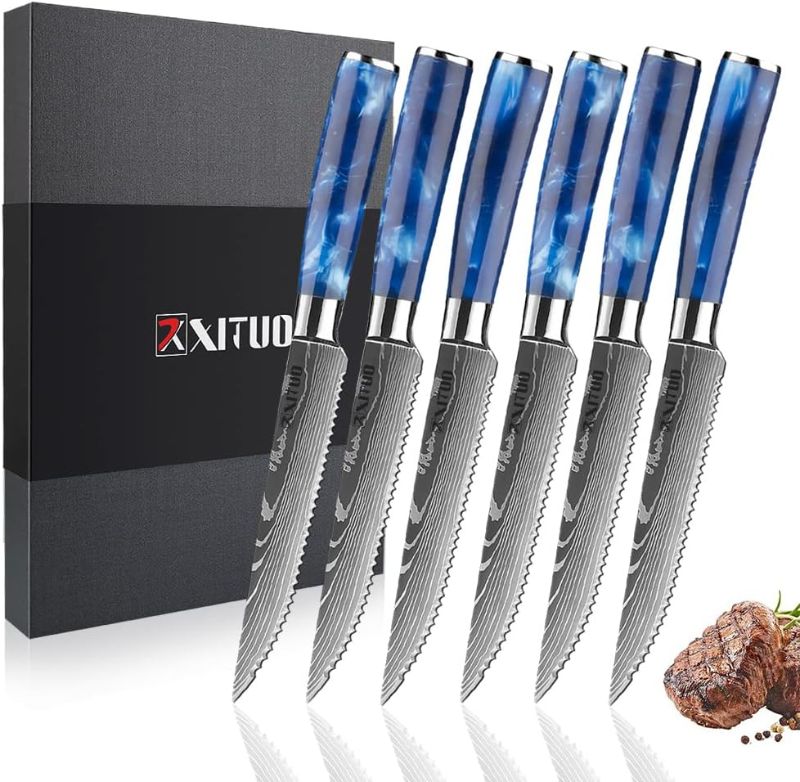 Photo 1 of 
XT XITUO Serrated Steak Knife Set - 6pcs Premium 4.5 inch Kitchen Cutting Steak Knives, German Stainless Steel KnifeTable Dinner Knife with Blue Resin...