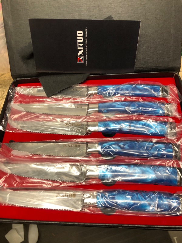 Photo 2 of 
XT XITUO Serrated Steak Knife Set - 6pcs Premium 4.5 inch Kitchen Cutting Steak Knives, German Stainless Steel KnifeTable Dinner Knife with Blue Resin...