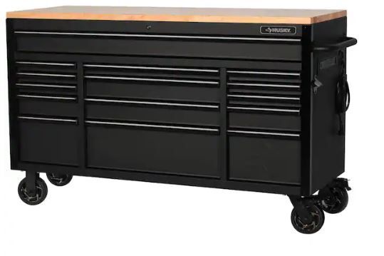 Photo 1 of *SCRATCHES** 61 in. W x 23 in. D Heavy Duty 15-Drawer Mobile Workbench Tool Chest with Solid Wood Top in Matte Black


