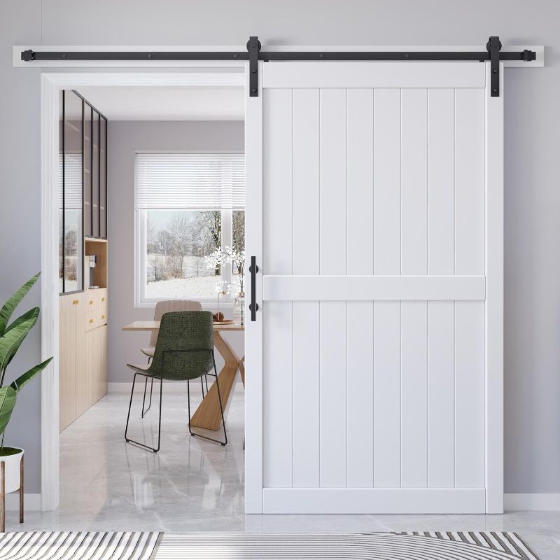 Photo 1 of 48x84 Inch White Sliding Barn Door Slab and 8ft Hardware Kit Included, MDF Wood Panel Covered with Water-Proof Scratch-Proof PVC Surface, Easy to Clean, Simple DIY Assembly