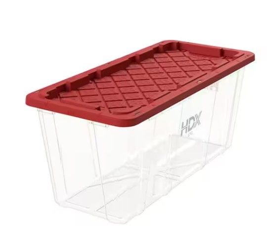 Photo 1 of 57-Gal. Tough Storage Tote in Clear with Red Lid


