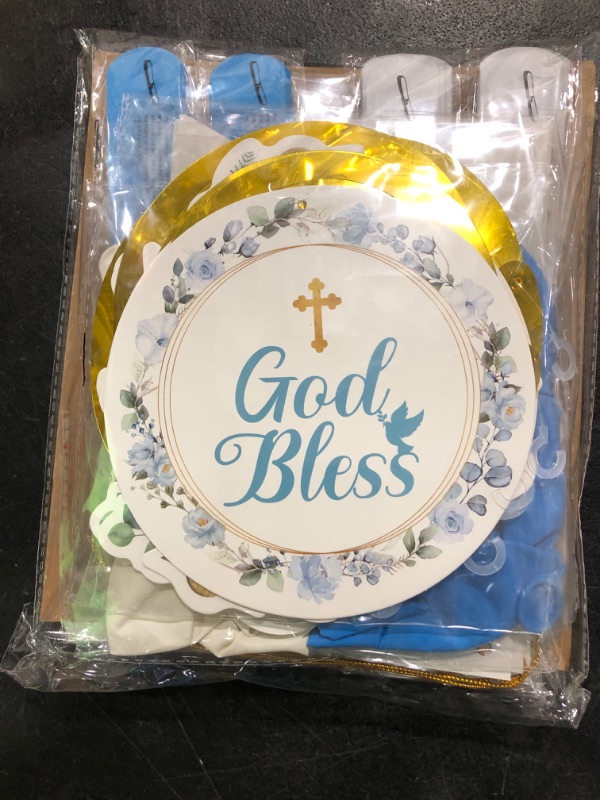 Photo 1 of Baptism Party decorations, First Communion Confirmation Decorations, bautizo Party Supplies Boys Girls Baby Shower Christening Decorations God Bless Banner Balloons (blue)