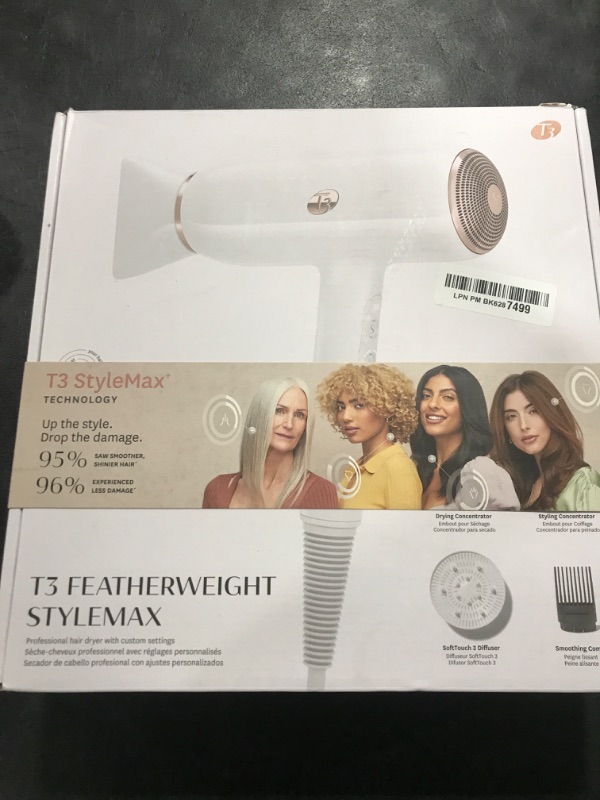 Photo 2 of T3 Featherweight StyleMax Professional Ionic Hair Dryer with Custom Heat Automation & 4 Attachments, Fast Drying, Lightweight with 5 Heat & 3 Speed Settings, 2 Concentrators, Diffuser & Smoothing Comb