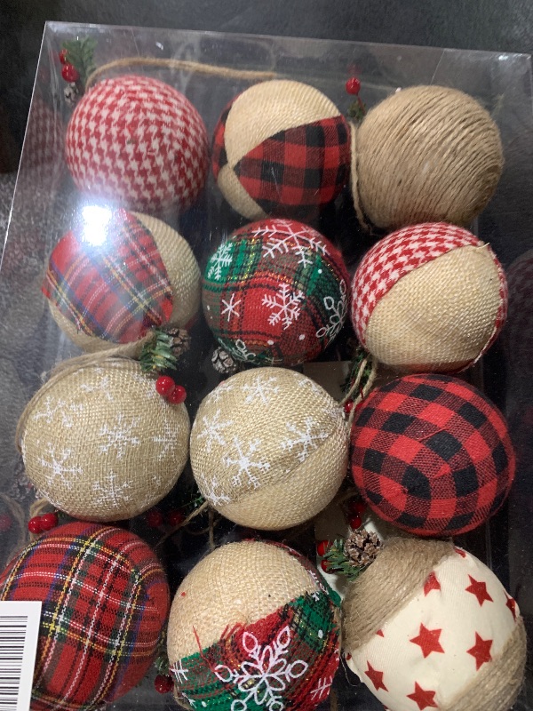 Photo 2 of 12 Pcs Burlap Christmas Ball Ornaments, 3.15 Inches Rustic Buffalo Plaid Christmas Tree Ornaments, Natural Jute Farmhouse Decorations for Xmas Tree, Holiday, Party