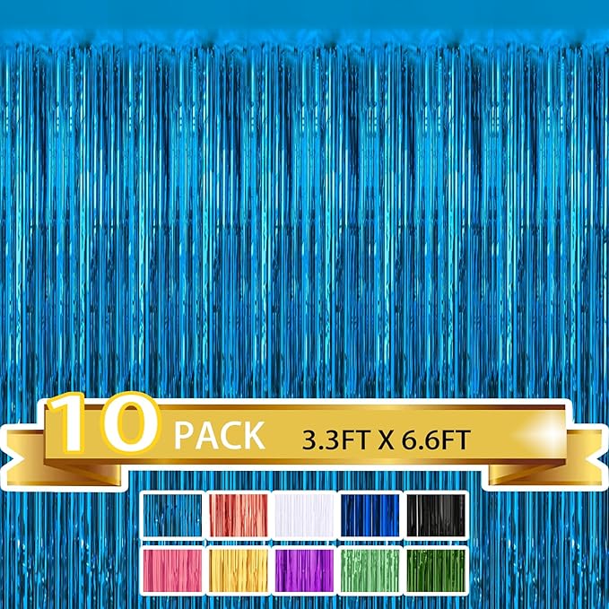 Photo 1 of 10 Pack Light Blue Metallic Tinsel Foil Fringe Curtains Party Photo Backdrop Party Streamers for Birthday,Graduation,New Year Eve Decorations Wedding Decor
