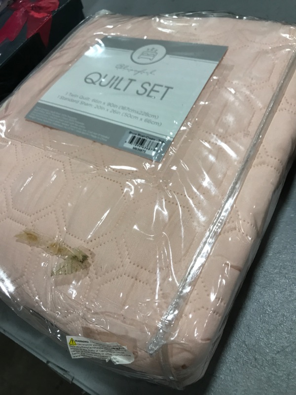 Photo 1 of Blissful Living Reversible Luxury Pinsonic Solid Quilt Set Including Shams – Lightweight and Soft for All Year Round Comfort, (Bruce Blush/Cream, Twin)