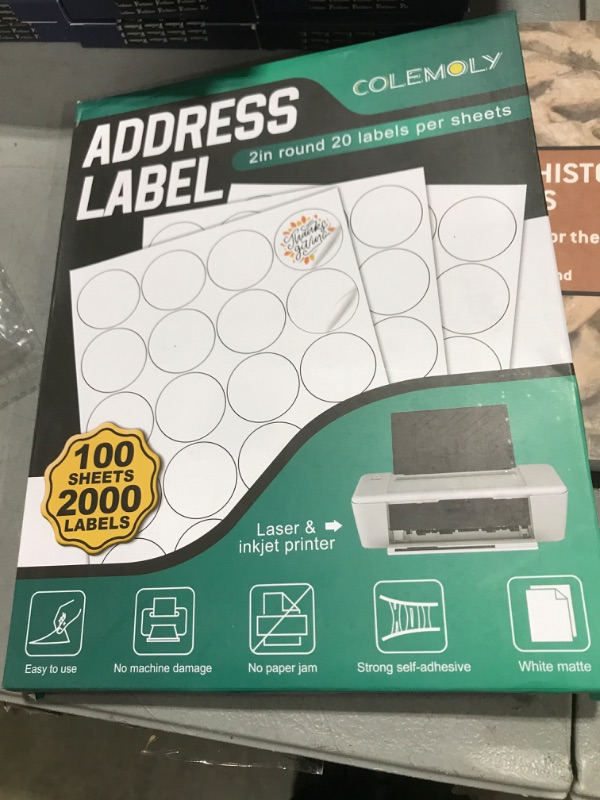 Photo 2 of Colemoly Address Labels 2” Round for Laser and Inkjet Printers - 100 Sheets, 20 Labels Per Sheet 2000 Blank Matte White Sticker Paper for Organization, Labeling, Inventory Management, Product Branding