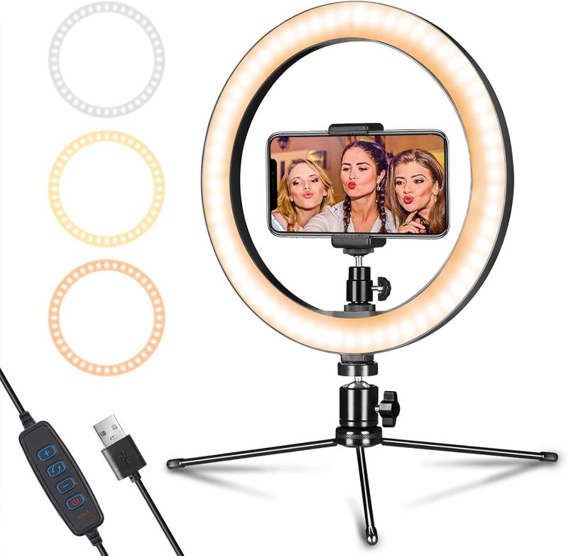 Photo 1 of  Dimmable Desk Makeup LED Ring Light 10" with Tripod Stand & Phone Holder for Live Streaming & YouTube Video, Photography, Shooting with 3 Light Modes & 10 Brightness Level