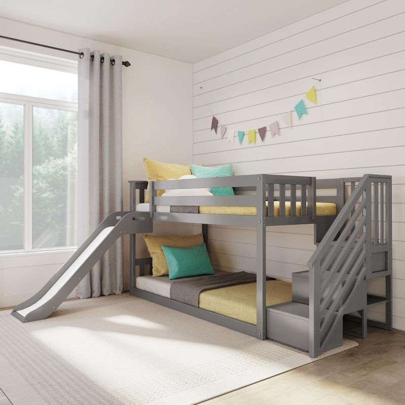 Photo 1 of Max & Lily Solid Wood Twin over Twin Size Low Bunk Beds for Kids with Slide and Stairs, 400 lbs Weight Capacity, 14" Safety Guardrail, Anti-Slip Steps, Grey