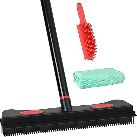 Photo 1 of Rubber Broom for Carpet, Pet Hair Removal Broom with Squeegee for Floor, Carpet Broom Includes Rubber Brush and Microfiber Cloth for Dog and Cat Hair - Black and Red
