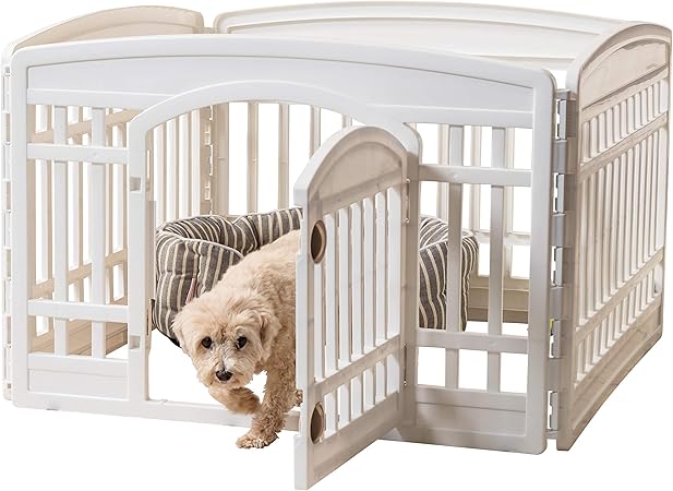 Photo 1 of IRIS USA 24" Exercise 4-Panel Pet Playpen with Door, Dog Playpen, Puppy Playpen, for Puppies and Small Dogs, Keep Pets Secure, Easy Assemble, Fold It Down, Easy Storing, Customizable, White
