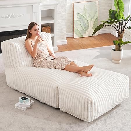 Photo 1 of Big Bean Bag Lounger Chairs Large Beanbag Chair for Adults Bean Bag Sofa with Memory Foam Filled for Living Room, Bedroom or Balcony (White)
