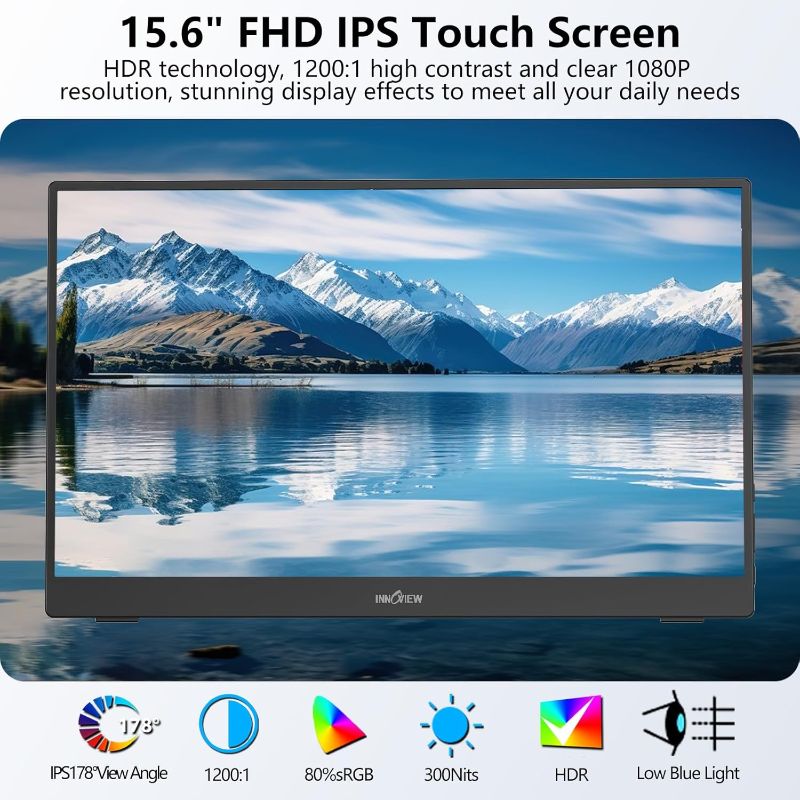 Photo 1 of InnoView Portable Monitor Touchscreen 15.6" 1080P 10-Point Touch Screen Monitor Portable with Protective Sleeve Built-in Stand, 1200:1 HDMI USB C Travel Monitor for Laptop, PC, Mac, Phone, Switch

