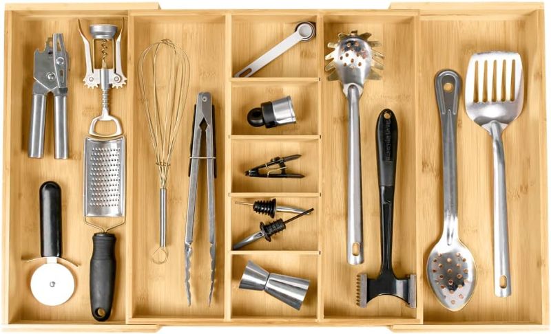 Photo 1 of Adjustable Kitchen Drawer Organizer for Utensils and Junk, Food-Safe Contract Grade with 100% Sustainable Wood, Non-Slip, Expandable from 16" to 28" Wide - Natural Bamboo
