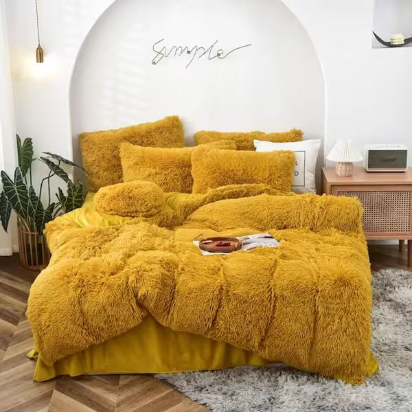 Photo 1 of Mustard Yellow Polyester Shaggy bed set (size unknown)