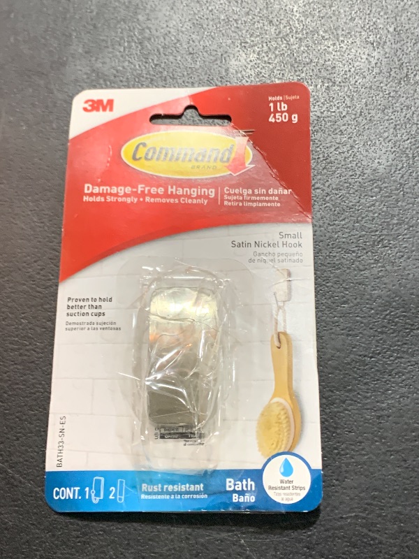 Photo 2 of Command Small Bath Hook, Holds up to 1 lb, 1 Satin Nickel Shower Hook with 2 Water Resistant Command Strips, Damage Free Bathroom Organization