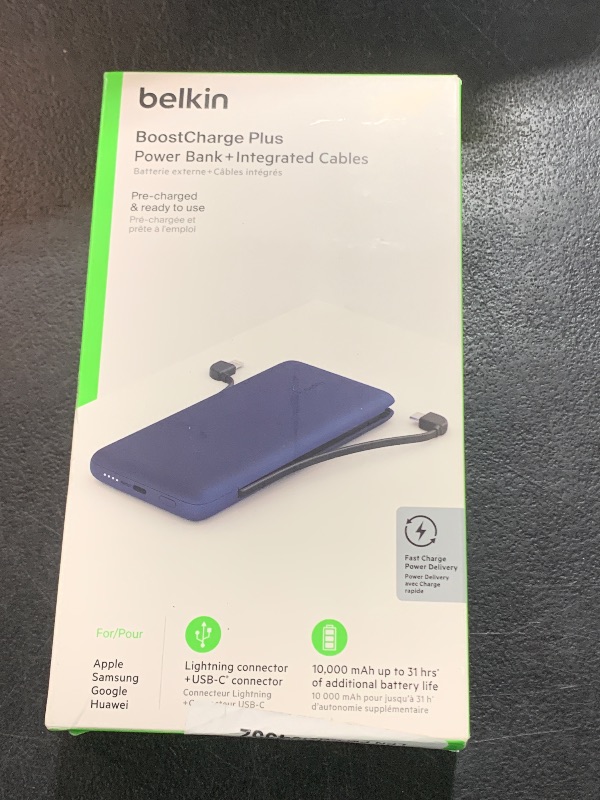 Photo 2 of Belkin Portable Charger, Power Bank 10,000mAh, 23W w/Integrated Lightning Cable & USB-C Cable - iPhone Charger Battery Pack for Apple iPhone 16, 15, 14, Galaxy S25, Pixel 9, Travel Essentials - Blue