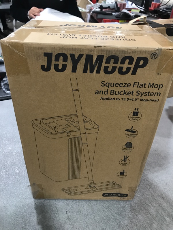 Photo 1 of JOYMOOP Mop and Bucket with Wringer Set, White Flat Squeeze Mop Bucket Set for Floor Cleaning, Wet Dry Mop for Wall Cleaner with Long Handle, Hardwood Floor Mop with 4 Microfiber Cloths