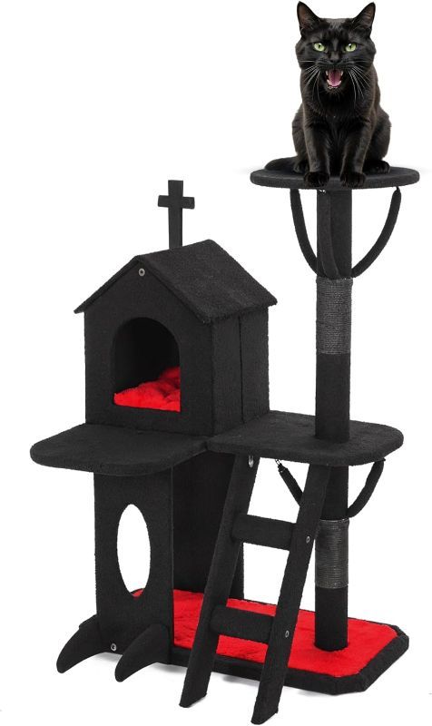 Photo 1 of Aesthetic Gothic Cat Tree, 3-Layer Sturdy Black Cat Tower, Spacious Play Area Fits Two Cats, Soft and Cushioned Goth Cat Tower for Halloween
