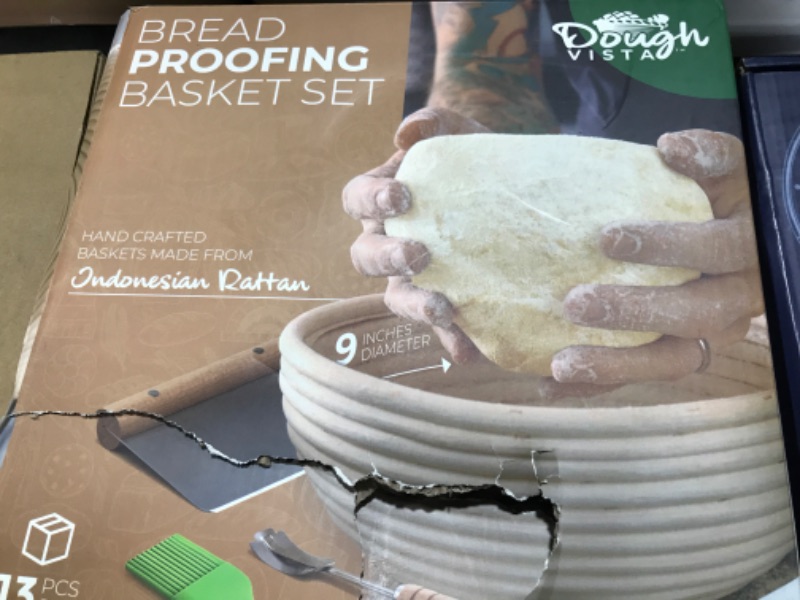 Photo 2 of Banneton Bread Proofing Basket, 13 Pc Sourdough Starter Kit, 2 x Round 9 Inch Basket, Lame, Blades, Scrappers, Cotton Cover, Silicone Brush, & More - Sourdough Bread Baking Starter Kit