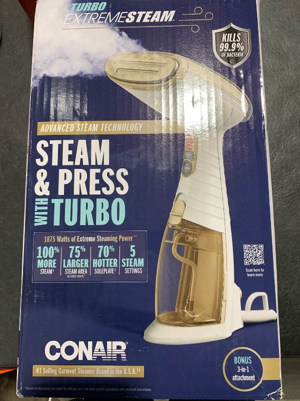 Photo 2 of Conair Handheld Garment Steamer for Clothes, Turbo ExtremeSteam 1875W, Portable Handheld Design, Strong Penetrating Steam, White / Champagne