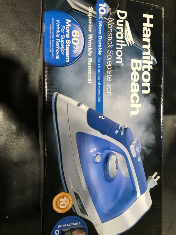 Photo 2 of Hamilton Beach Steam Iron & Vertical Steamer for Clothes with Scratch-Resistant Durathon Soleplate, 8' Retractable Cord, 3-Way Auto Shutoff, Anti-Drip, 1500 Watts, Blue