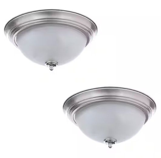 Photo 1 of 11 in. 1-Light Brushed Nickel Flush Mount with Frosted Glass Shade (2-Pack)
