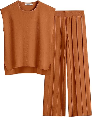 Photo 1 of ANRABESS Womens 2 Piece Sets Short Sleeve Crop Top & Wide Leg Pants Casual Linen Lounge Macthing Set 2024 Summer Beach Travel Outfits Trendy Clothes 1504guohong-L, Large