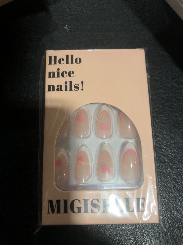 Photo 1 of 24 Pcs French Square Almond Press On Nails Medium Length for Women Girl Glue On Nails False Nails Acrylic Nail Fake Nails (Pink Heart)