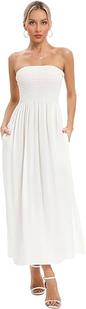 Photo 1 of Aigeman Women Strapless Tube Maxi Dress Sleeveless Summer Boho Beach Dress Off Shoulder Flowy Swing Dress with Pokets 330
