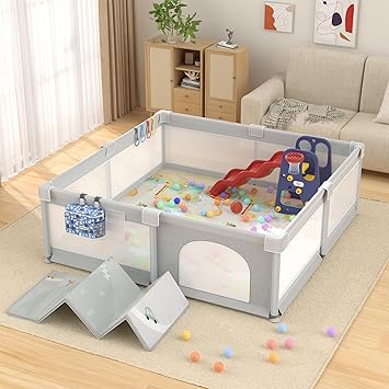 Photo 1 of 79" x 71" Baby Playpen with Upgrade Mat, LUTIKIANG Portable Play Yard for Babies and Toddlers, Extra Large Baby Gate Playpen, Play Pin, Fence Area, Includes Ocean Balls, Pulling Rings
