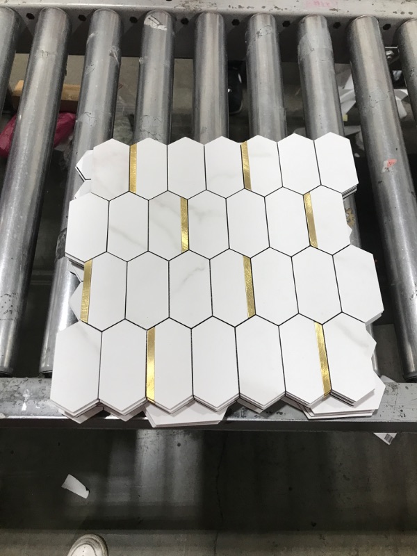 Photo 2 of Vamos Tile Long Hexagon Peel and Stick Backsplash Tile - 10 Sheets Stick on Backsplash for Kitchen and Bathroom 12.4 x 12 Inch White Marble Look PVC Mixed Metal Gold Self Adhesive Mosaic Wall Tiles