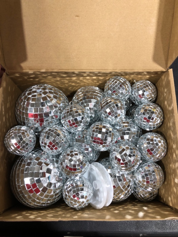 Photo 2 of 24 Pcs Mirror Disco Ball Hanging, Glass Disco Ball Decor, Silver Disco Party Decorations, Disco Ball Ornament for Holiday Party Decor with Rope (4 Inch, 3. 2 Inch, 2 Inch)