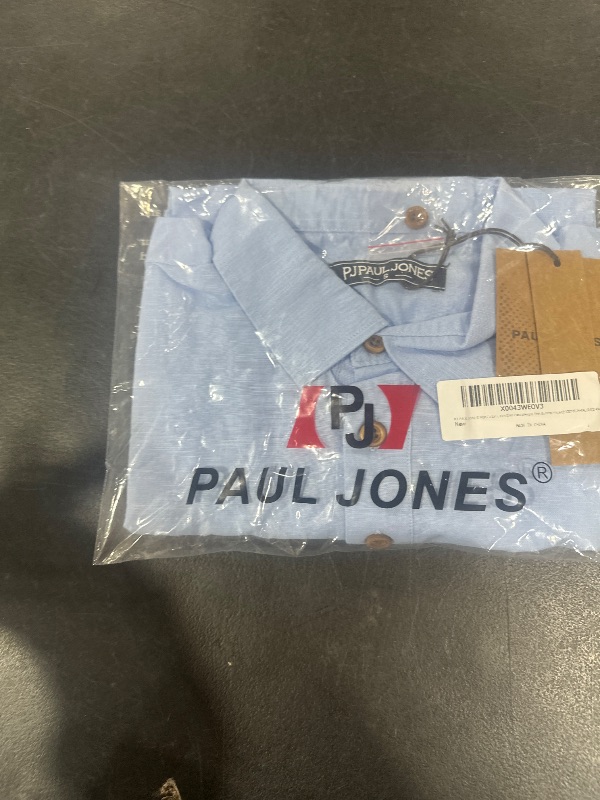 Photo 2 of PJ PAUL JONES Men Cotton Linen Shirt Casual Hippie Shirt Summer Vacation Beach Shirt Short Sleeve Shirts Light Blue