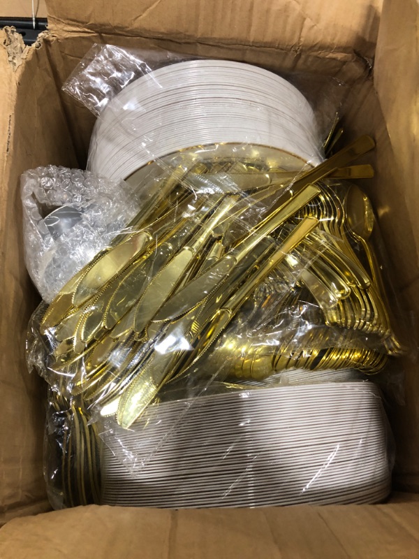 Photo 2 of 600 Piece Gold Dinnerware Party Set - 100 Guest 100 Dinner Plastic Plates - 100 Salad Gold Plates- 100 Gold Plastic Silverware Set - 100 9 OZ Gold Plastic Cups For Wedding