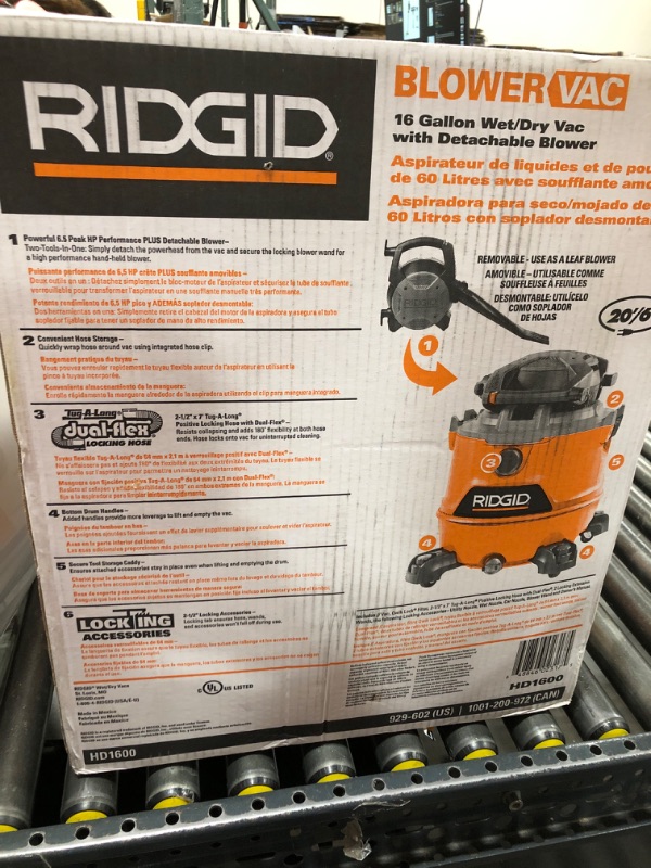 Photo 2 of Ridgid 16 gal. 6.5-Peak HP NXT Wet/Dry Shop Vacuum with Detachable Blower, Hose