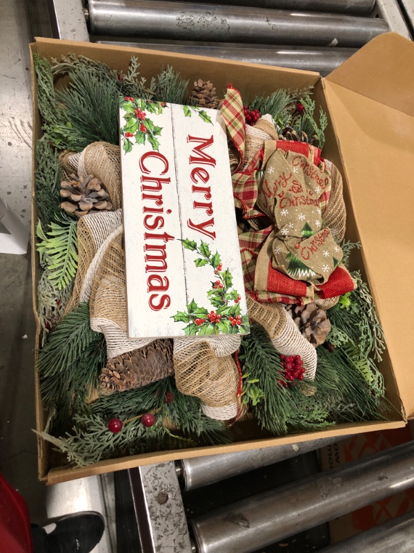 Photo 1 of Bibelot 18inch Mesh Chrimas Day Wreath 18inch Artificial Winter Berries Wreaths with Merry Christmas Sign for Indoor/Door Decor, Wreaths for Christmas and Winter Decor