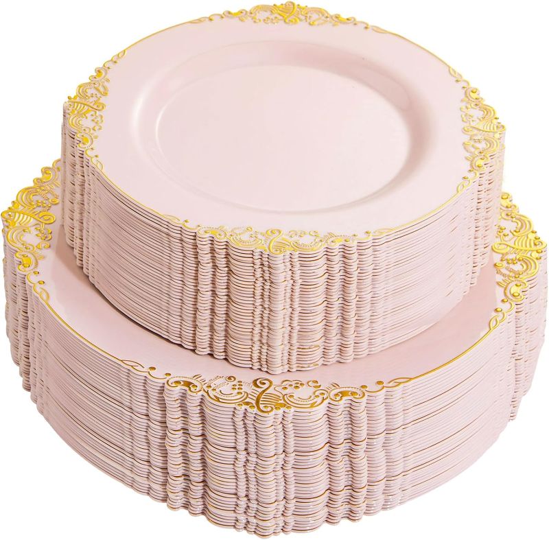 Photo 1 of 102PCS Pink Plastic Plates - Pink and Gold Plates - Pink Disposable Plates with Gold Rim Include 51PCS 7.5inch Dessert Plates, 51PCS 10.25inch Dinner Plates for Weddings & Parties
