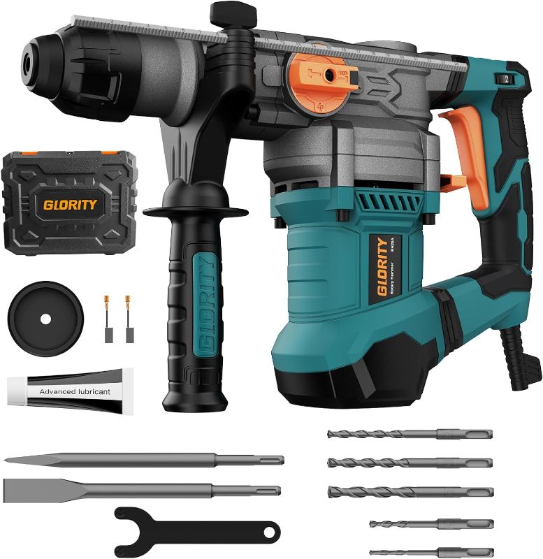 Photo 1 of 1-1/4 Inch SDS-Plus 13 Amp Heavy Duty Rotary Hammer Drill with Safety Clutch 4 Functions and Variable Speed, Including Chisels and Drill Bits
