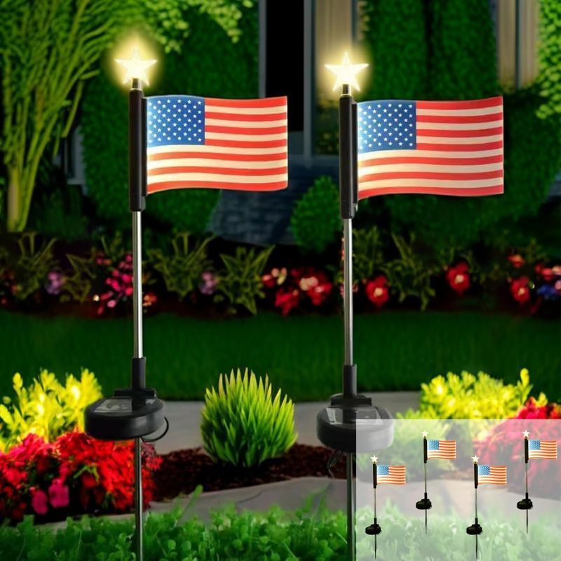 Photo 1 of 4th of July Decorations, 4 Pack American Flag Solar Lights, Memorial Day Decorations for Independence Day, Patriotic Decorations, Solar Garden Lights for Outdoor Yard Pathway