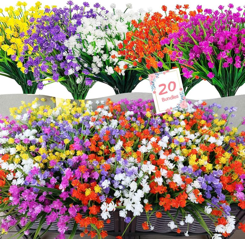 Photo 1 of 20 Bundles Artificial Flowers Outdoor Fake Flowers, UV Resistant No Fade Faux Plastic Greenery Shrubs Plants for Hanging Garden Porch Window Box Home Decor
